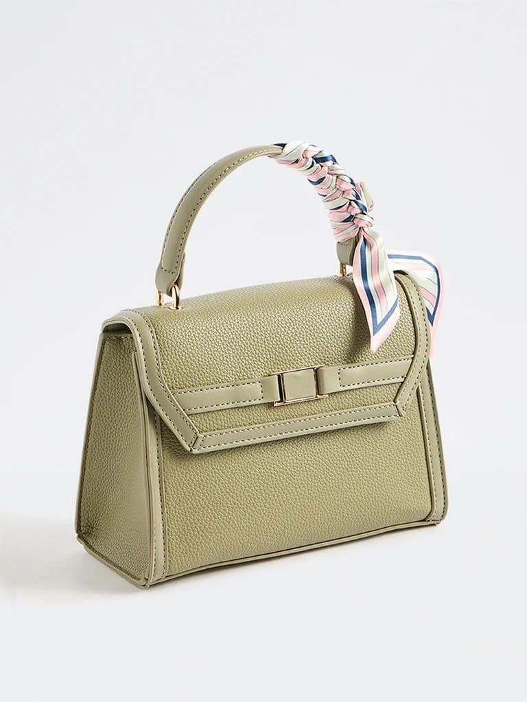 Westside Olive Textured Satchel Bag with a Scarf — photo 2