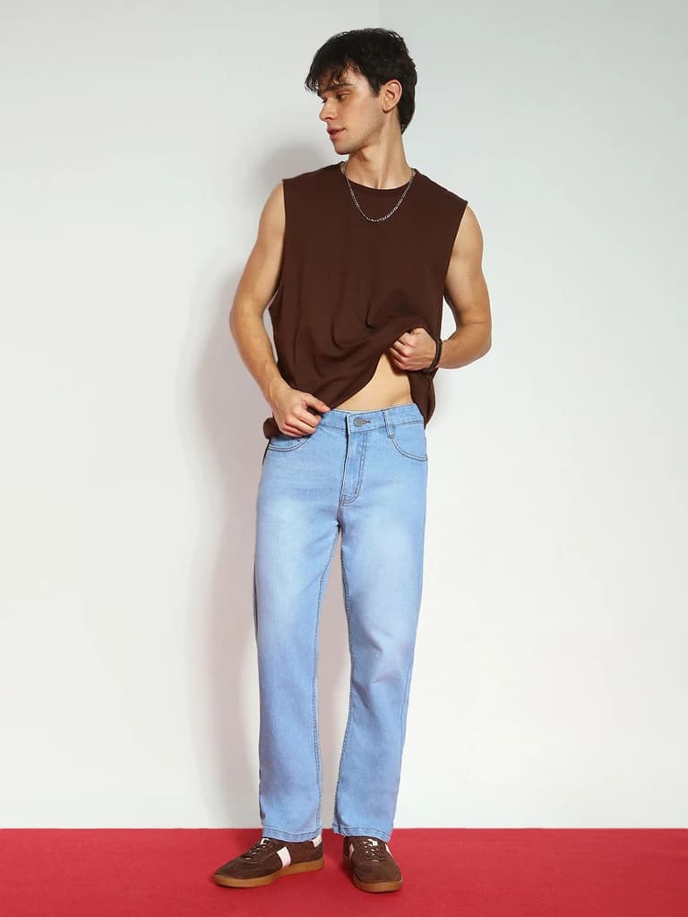 Men's Ice Blue Straight Fit Washed Jeans Stretchable — photo 4