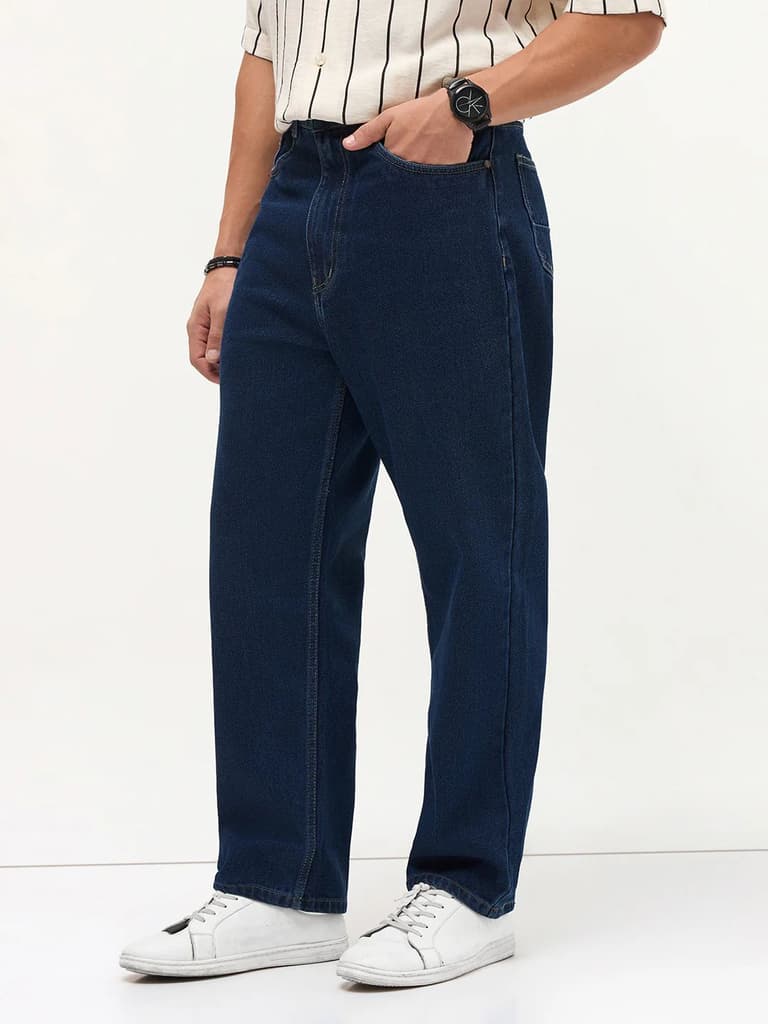 Men's Blue Loose Baggy Fit Raw Washed Denim Jeans Non-Stretchable — photo 3
