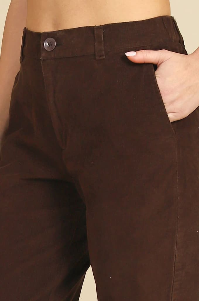 Brown Solid Straight Fit Cotton Pants with YKK Zipper — photo 3