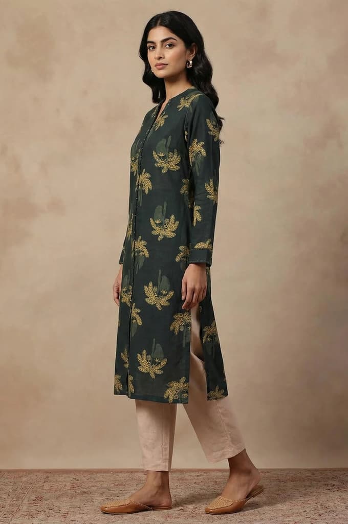 Green Botanical Printed Beadwork Pure Cotton Straight Kurta — photo 6