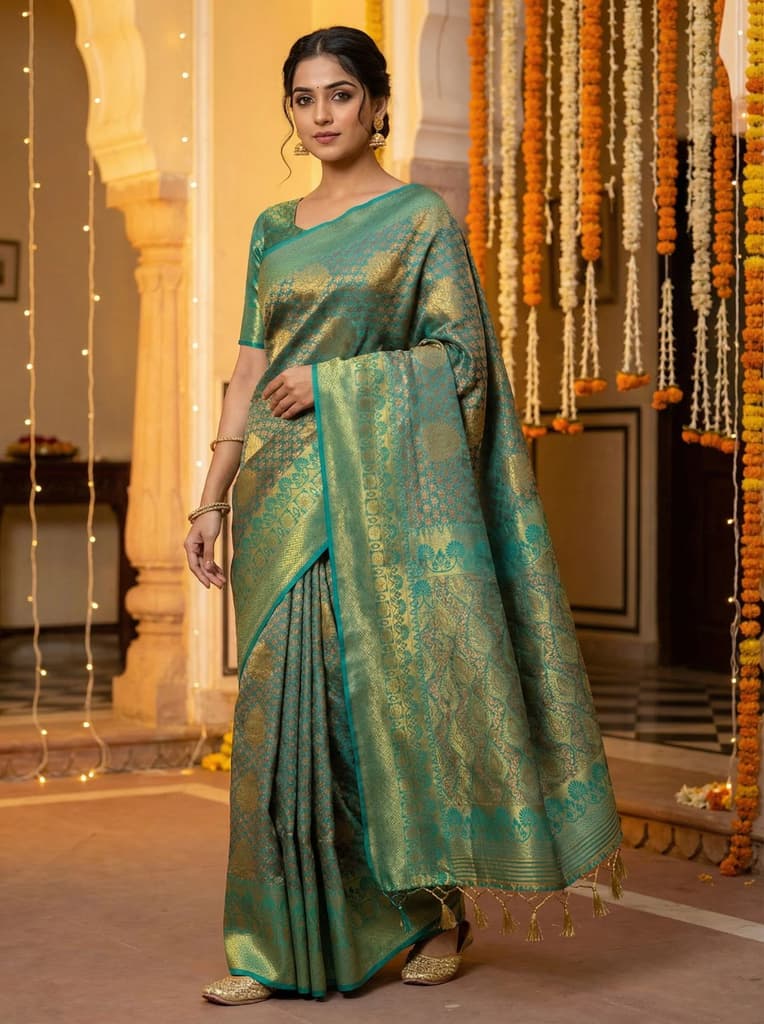 MIMOSA Women's Woven Design Kanjivaram Style Art Silk Saree with Blouse Piece - Saffire ( SA00003144SFFREE ) — Default Title