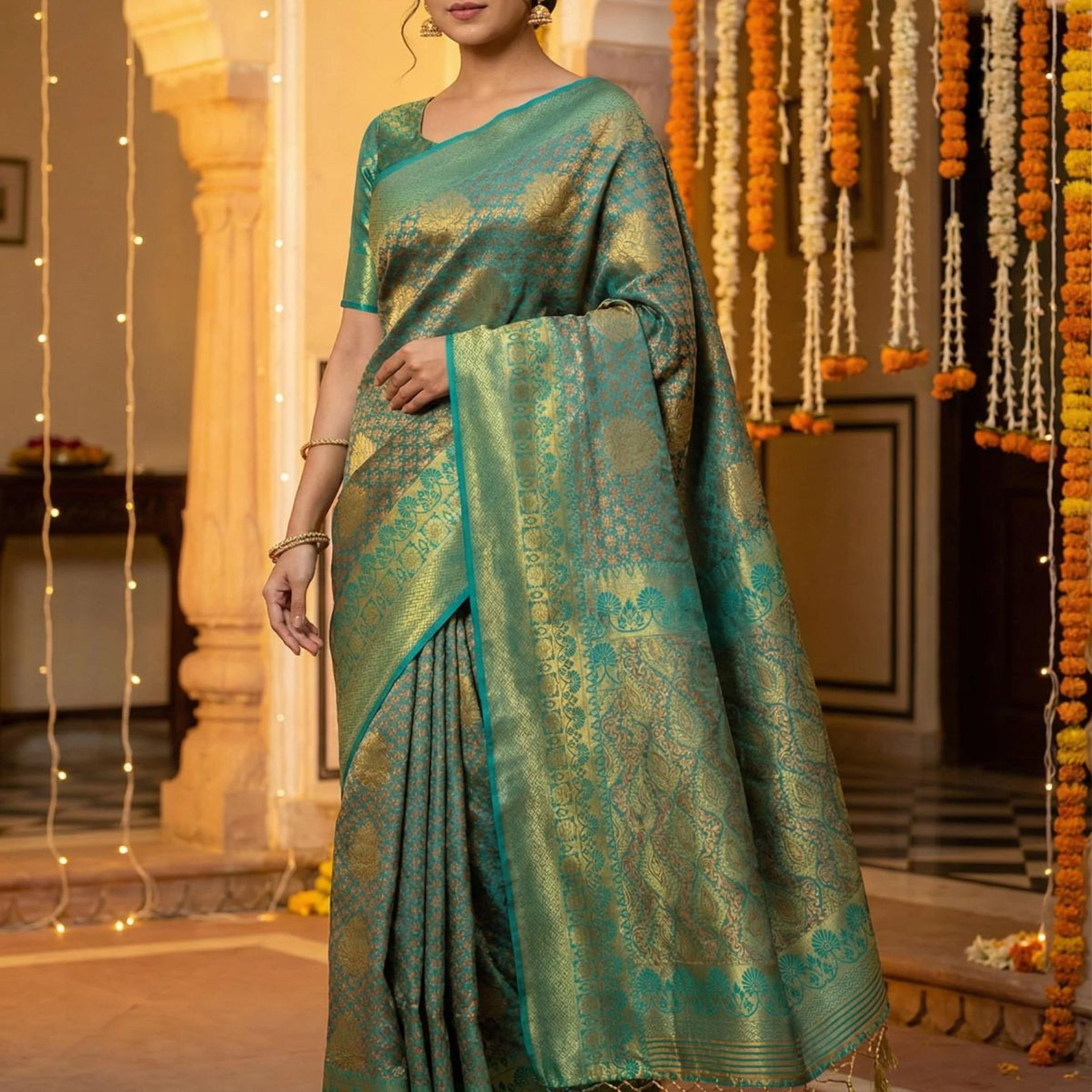 MIMOSA Women's Woven Design Kanjivaram Style Art Silk Saree with Blouse Piece - Saffire ( SA00003144SFFREE )
