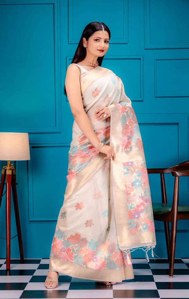 Mimosa Women's Woven Design Banarasi Style Art Silk Saree With Blouse Piece : SA00001785HWFREE — Halfwhite