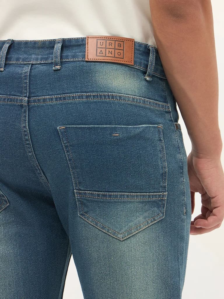 Men's Light Blue Regular Fit Whisker Wash Yellow Tint Denim Jeans Stretchable — photo 6