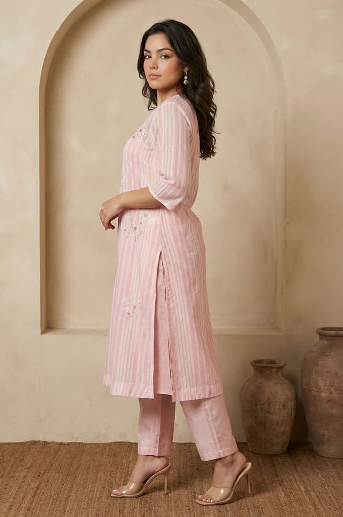 Pink Thread Embroidered Striped Organza Straight Kurta with Straight Pants and Dupatta Set — photo 3