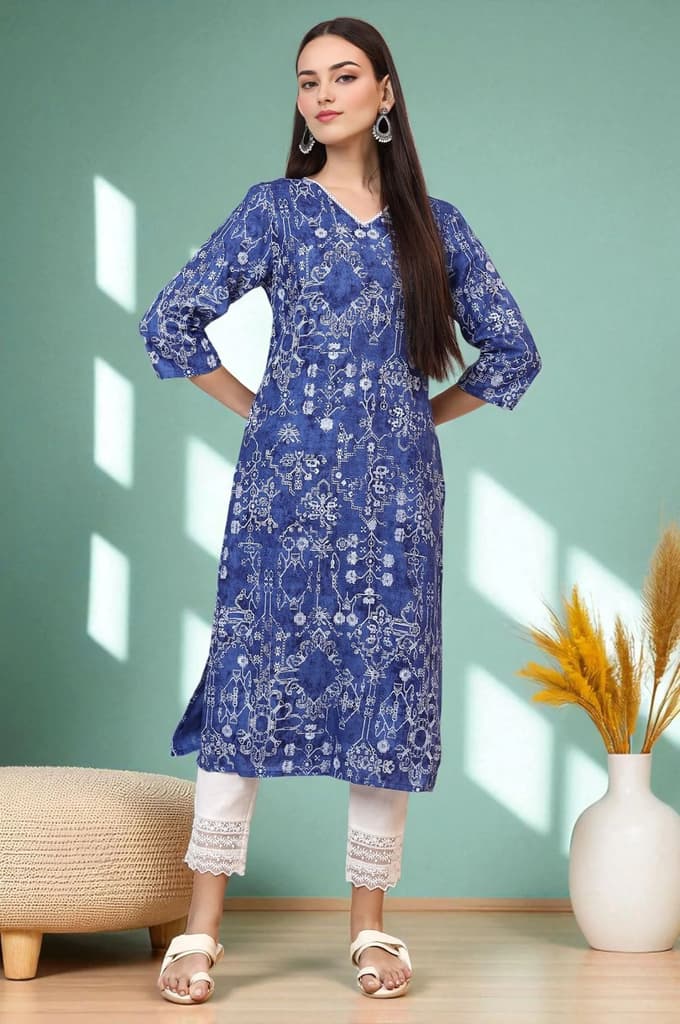 Navy Blue Printed Rayon Straight Kurta with Lace — XS