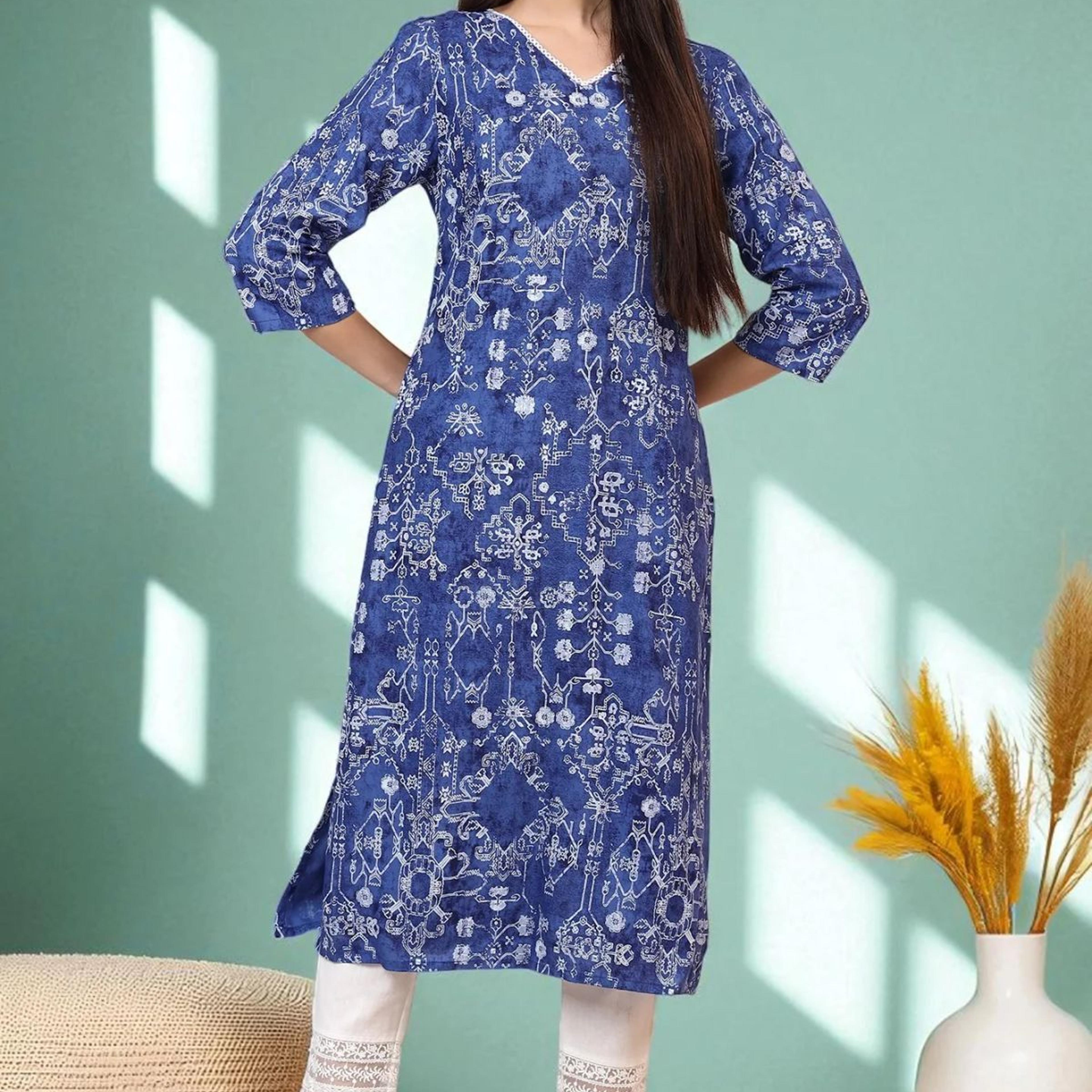 Navy Blue Printed Rayon Straight Kurta with Lace