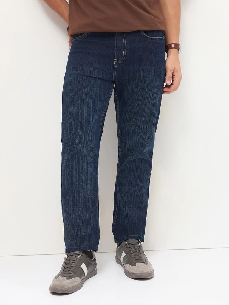 Men's Dark Blue Straight Fit Washed Denim Jeans Stretchable — photo 2