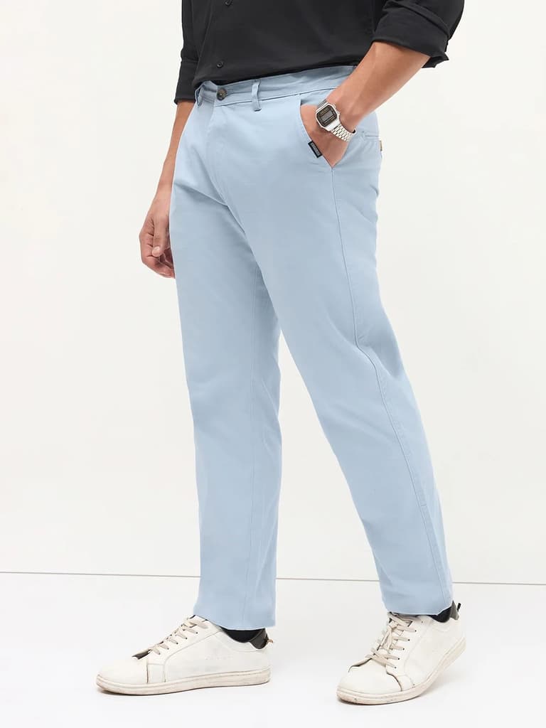 Men's Light Sky Blue Cotton Regular Fit Casual Chinos Trousers Stretch — photo 2