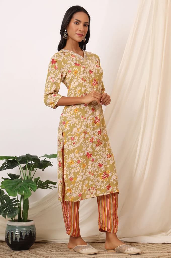 Beige Floral Printed Pure Cotton Straight Kurta, Pants and Dupatta Set — photo 7