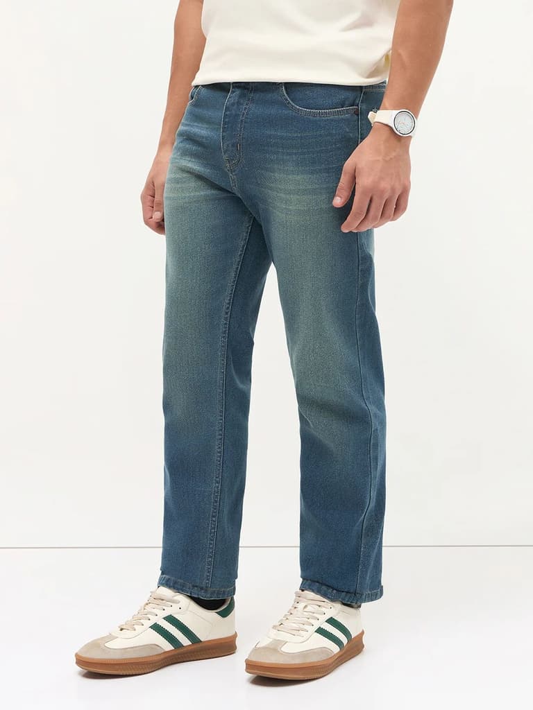 Men's Light Blue Regular Fit Whisker Wash Yellow Tint Denim Jeans Stretchable — photo 3