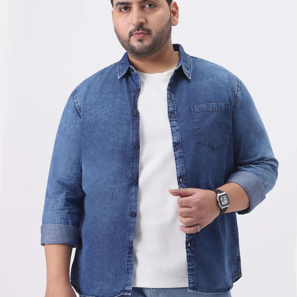 Plus Men's Blue Regular Fit Full Sleeve Washed Denim Shirt
