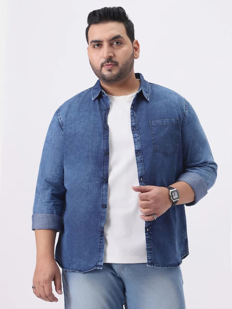 Plus Men's Blue Regular Fit Full Sleeve Washed Denim Shirt — XXL / Blue