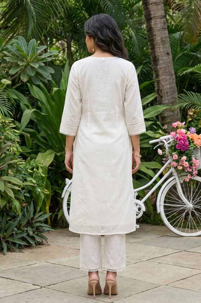 Off White Thread Embroidered Chanderi Straight Kurta with Straight Pants and Organza Dupatta Set — photo 5