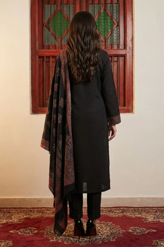 Black Paisley Yarn Dyed Winter Straight Kurta with Pants and Dupatta Set — photo 4