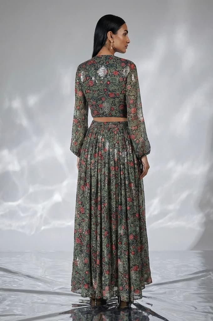 Navy Blue Foil Printed Floral Chiffon Crop Top with Skirt Set — photo 5
