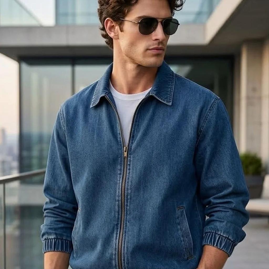 Men's Blue Relaxed Fit Full Sleeve Harrington Denim Jacket