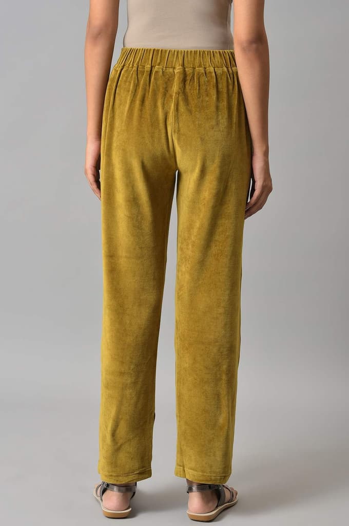 Muted Sage Green Solid Straight Fit Cotton Trousers With Elasticated Waist — photo 2