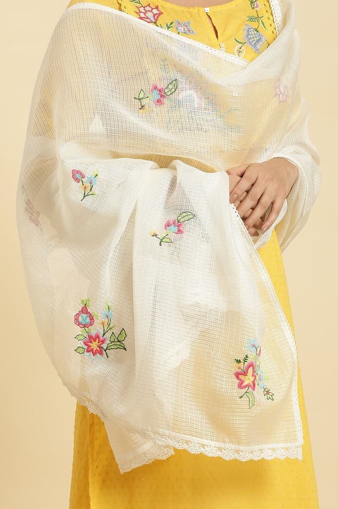 White Floral Embroidered Lace Trim Kota Dupatta — photo 5