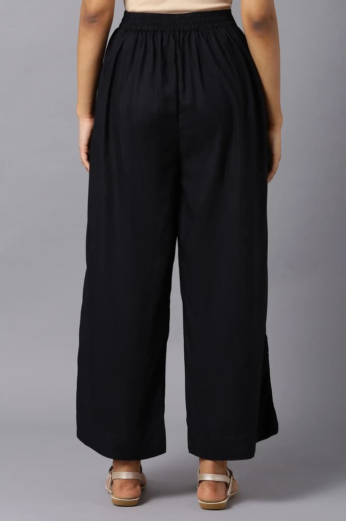 Black Solid Wide Leg Woven Palazzo With Elasticated Waistband — photo 2