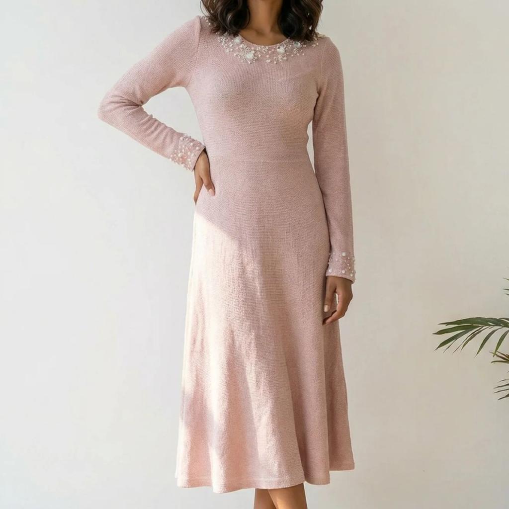 Pink Solid Sequins A-line Winter Dress