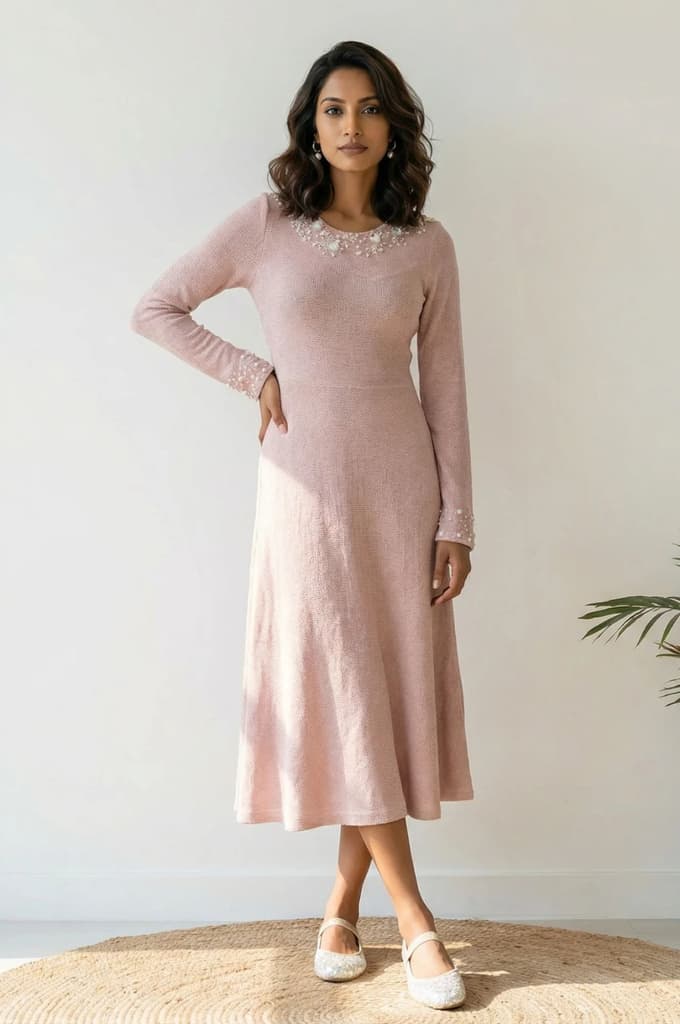 Pink Solid Sequins A-line Winter Dress — XS