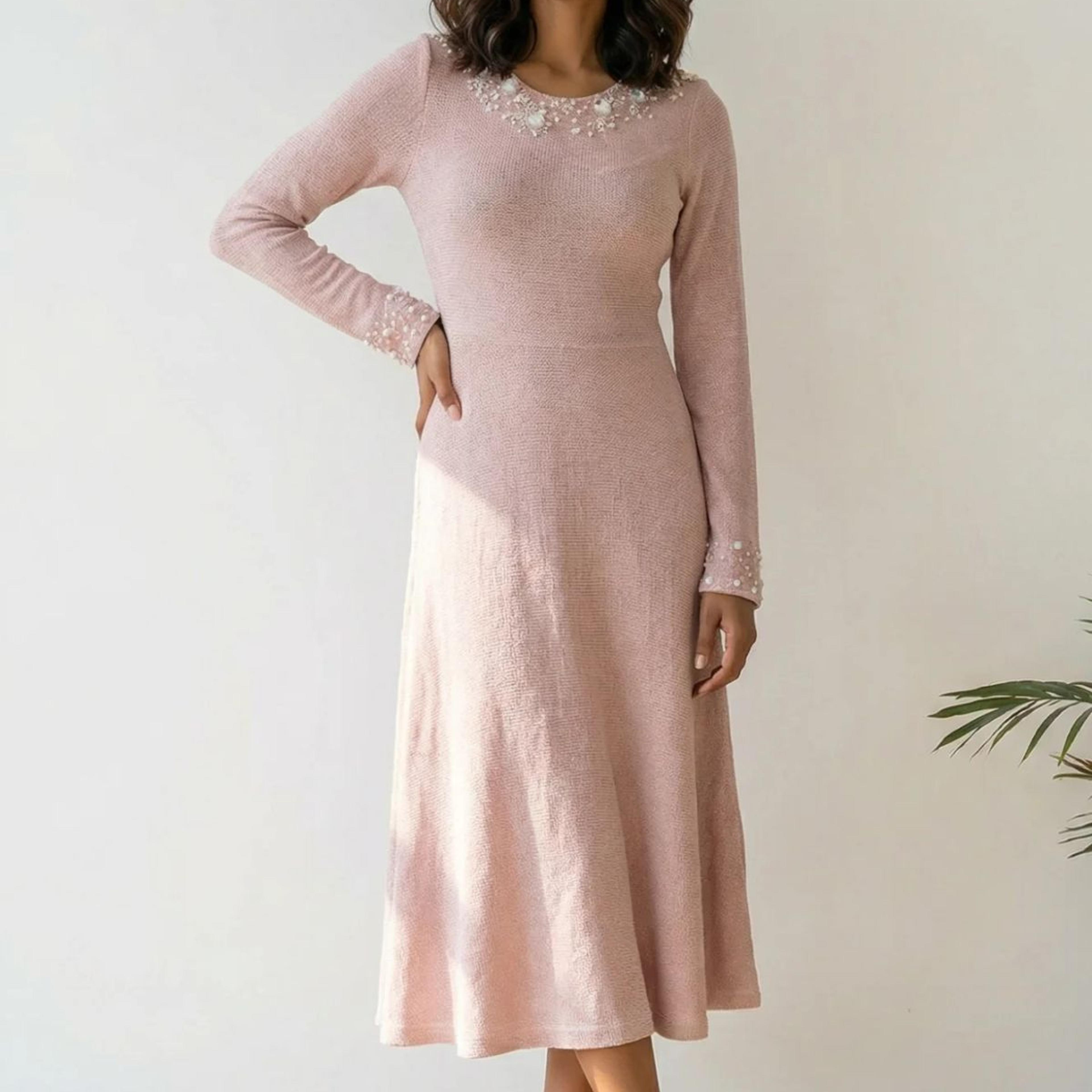 Pink Solid Sequins A-line Winter Dress