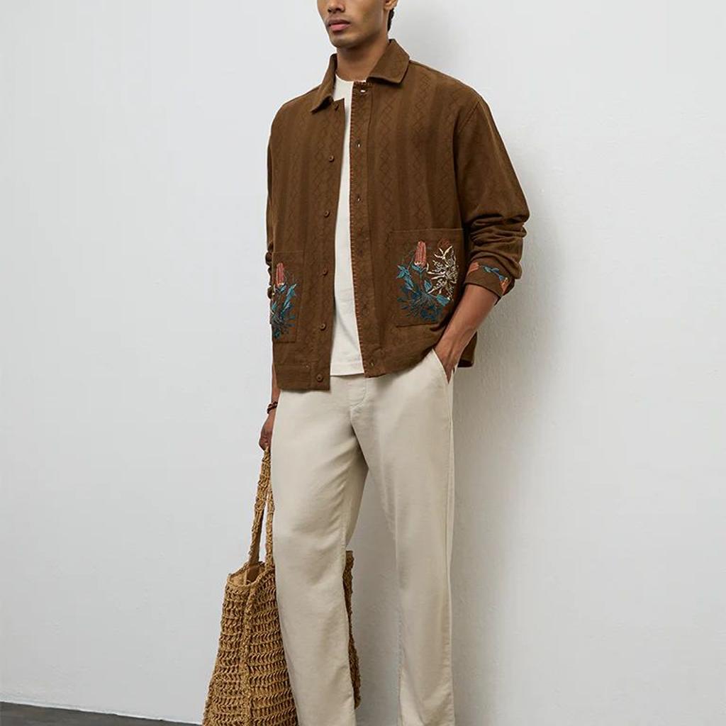 ETA Brown Floral-Embroidered Relaxed-Fit Cotton Shirt