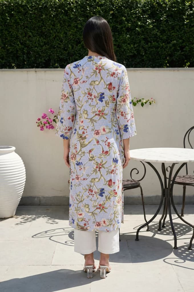 Blue Floral Printed Straight Rayon Kurta — photo 4
