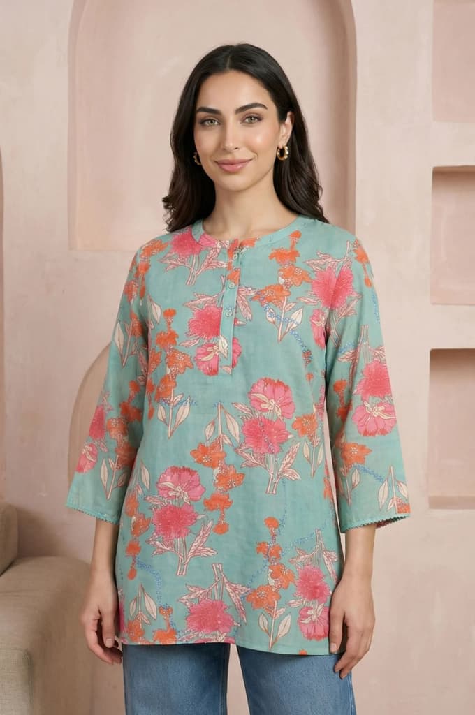 Sea Green Floral Printed Modal Straight Top — photo 6
