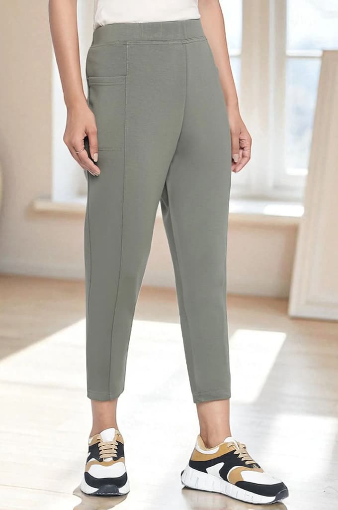 Green Solid Mid Rise Tights in Calf Length — photo 3