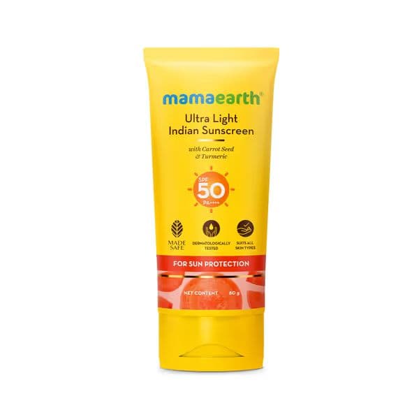 Mamaearth Ultra-Light Indian Sunscreen SPF 50 PA++++ – In-Vivo Tested (ISO 24444 & ISO 24442 Certified, CTRI/2025/07/090388) - 80g