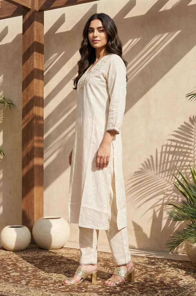 Beige Embroidered Rayon Straight Kurta with Pants Set — photo 3