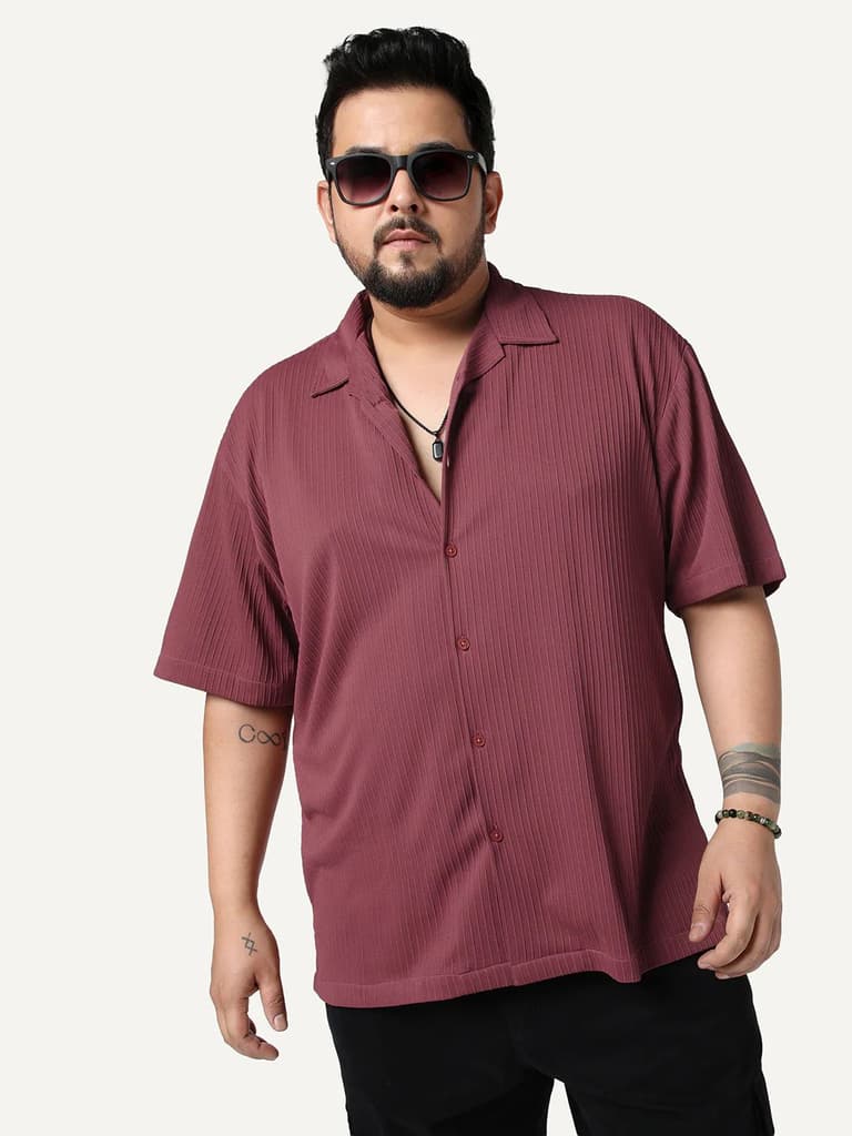 Plus Men's Light Maroon Cotton Half Sleeve Oversized Fit Textured Shirt with Cuban Collar — 2XL / Light Maroon