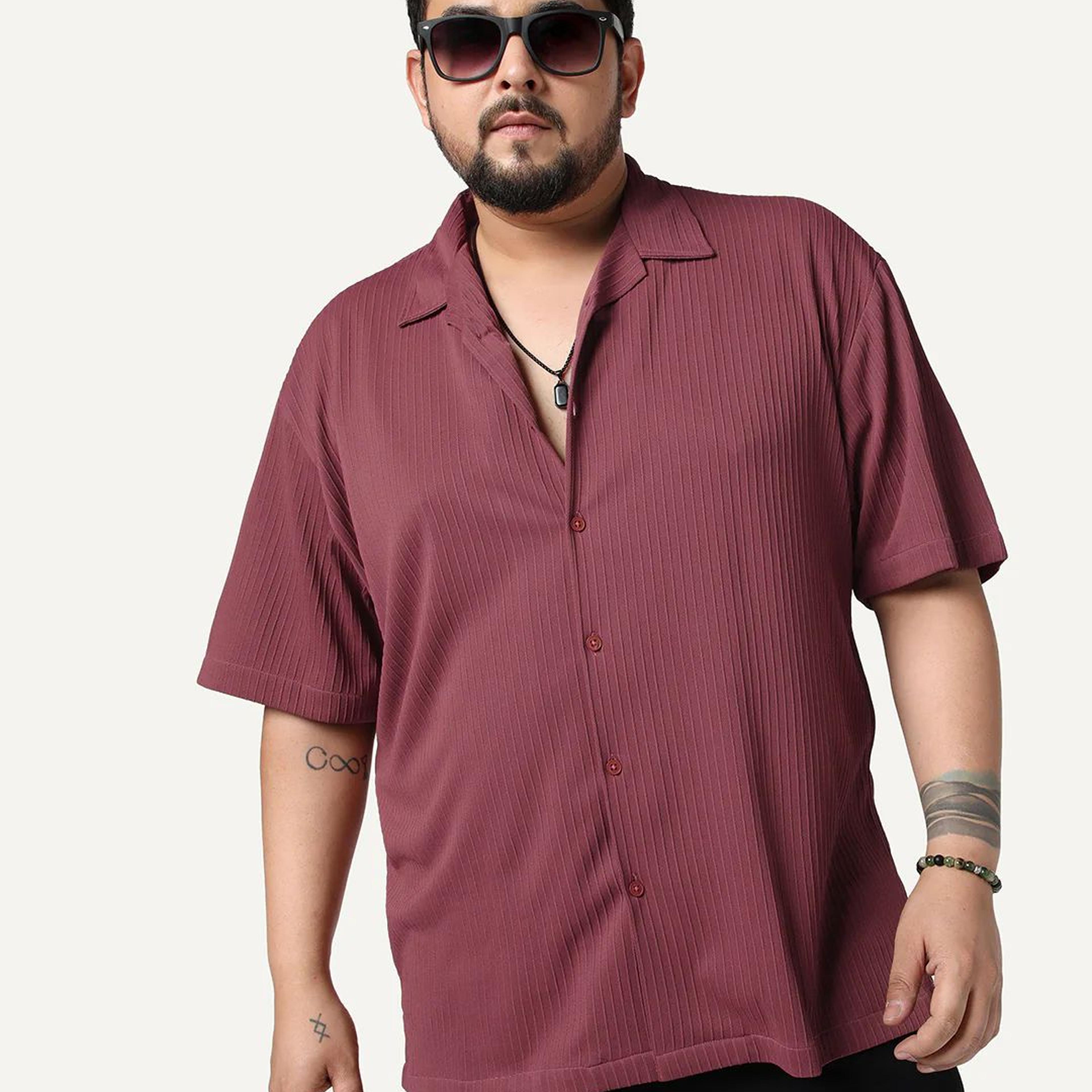 Plus Men's Light Maroon Cotton Half Sleeve Oversized Fit Textured Shirt with Cuban Collar