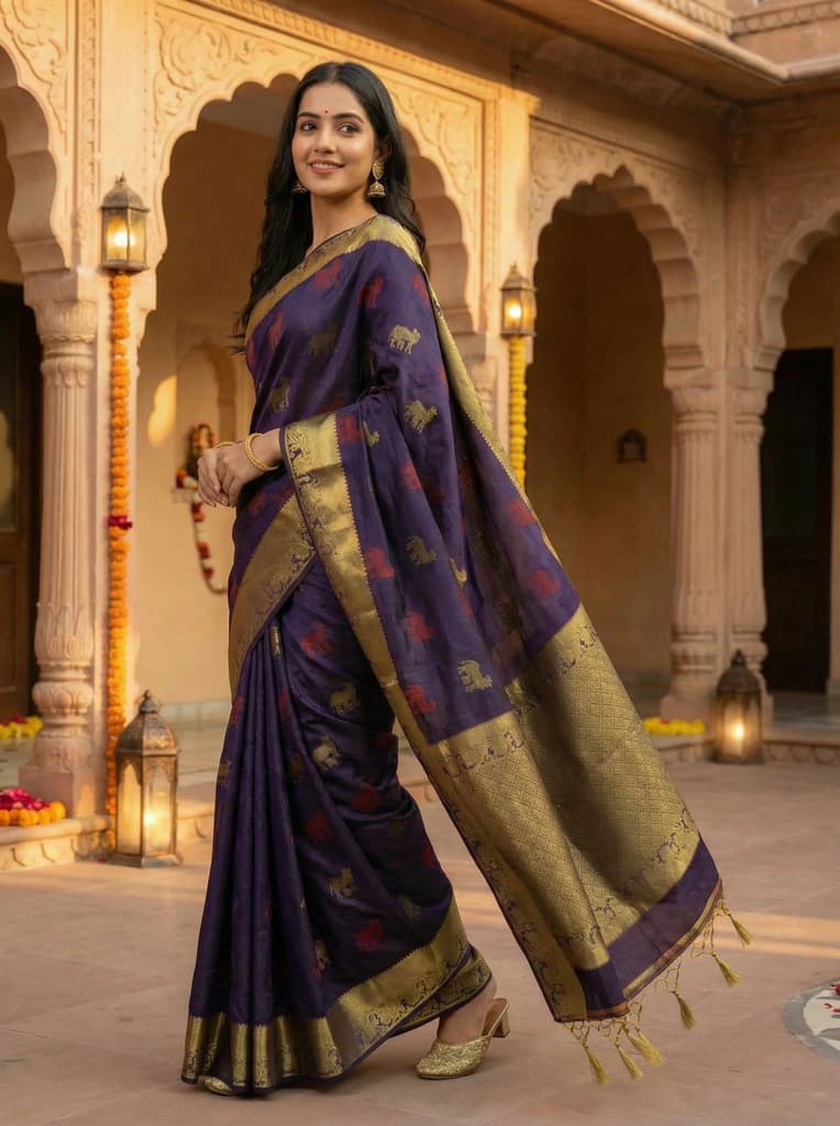 MIMOSA Women's Woven Design Banarasi Style Raw Silk Saree with Blouse Piece - Navy ( SA00003136NVFREE ) — photo 3