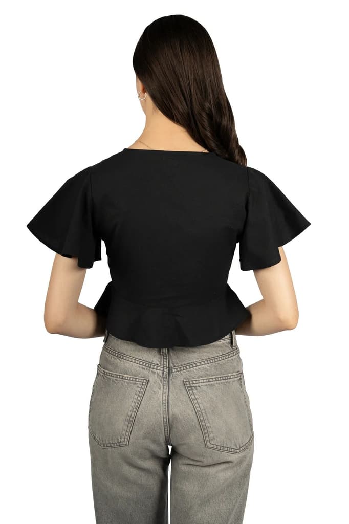 Black Cotton Linen Fitted Crop Top — photo 2