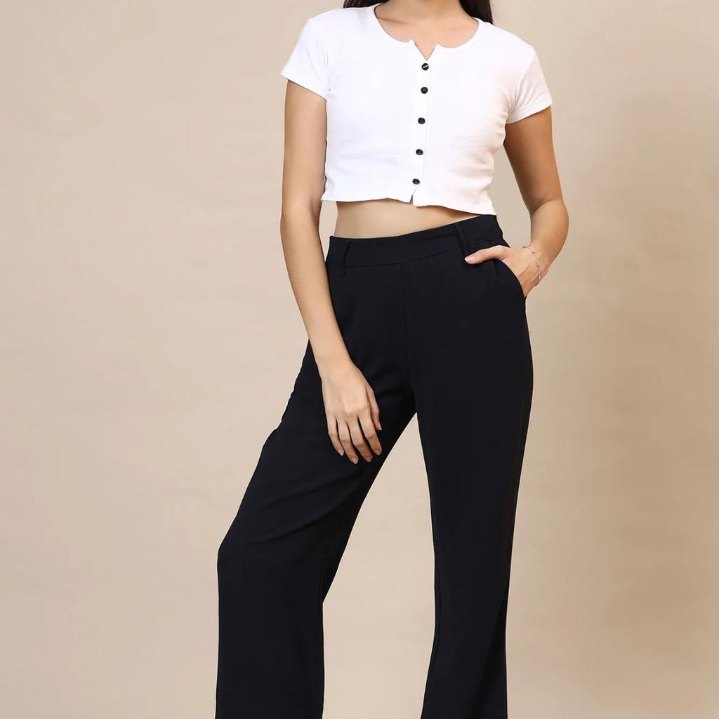 Navy Blue Solid Straight Western Wear Palazzo Pants