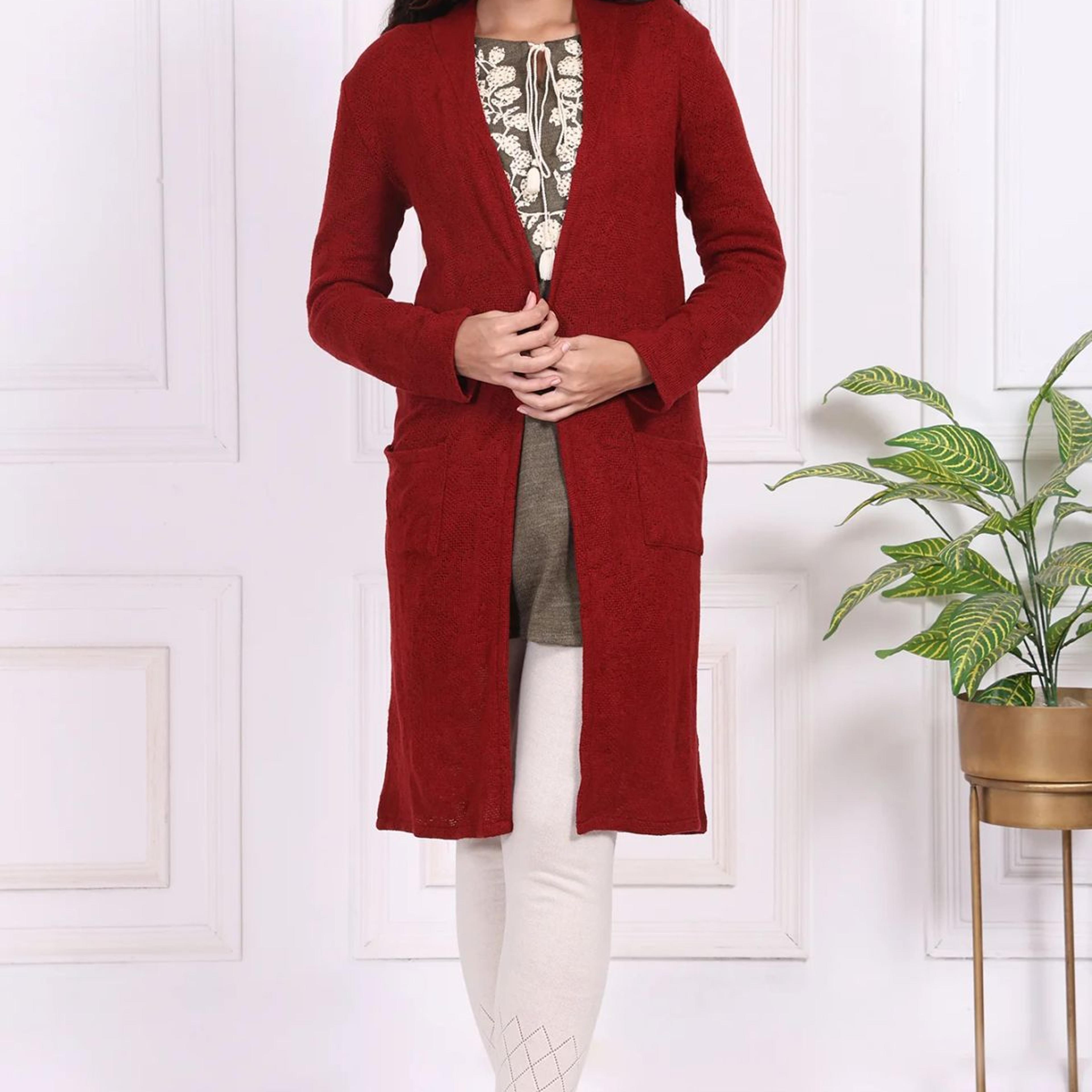Red Solid Straight Knitting Cardigan