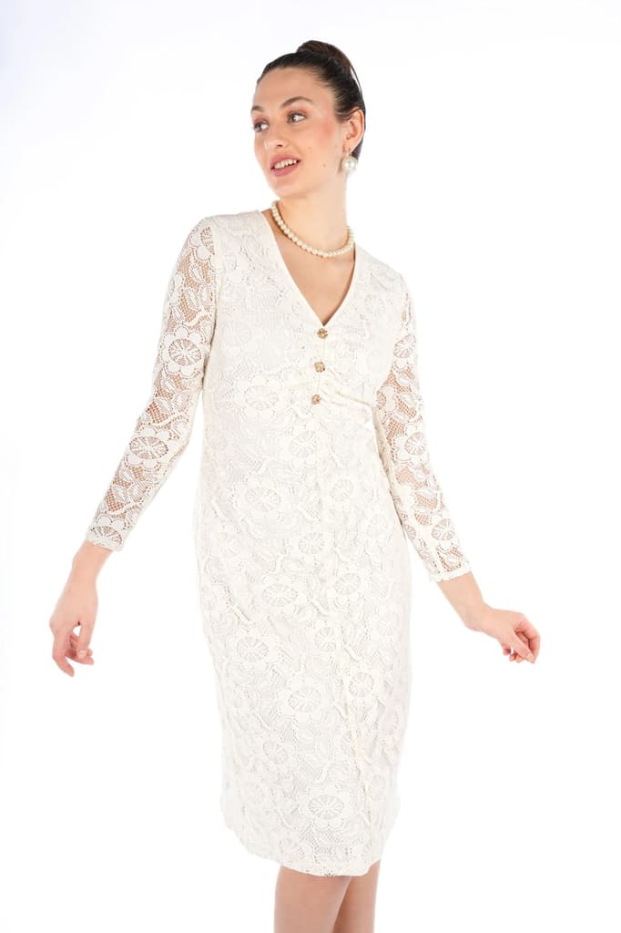 Leyna Off White Floral Cotton Nylon Fitted V-Neck Full Sleeve Top — photo 7