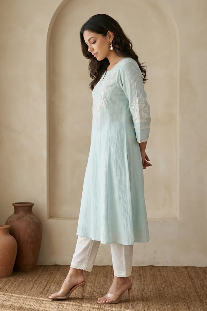 Blue Thread Embroidered Pure Cotton Straight Kurta with Straight Pants and Dupatta Set — photo 6