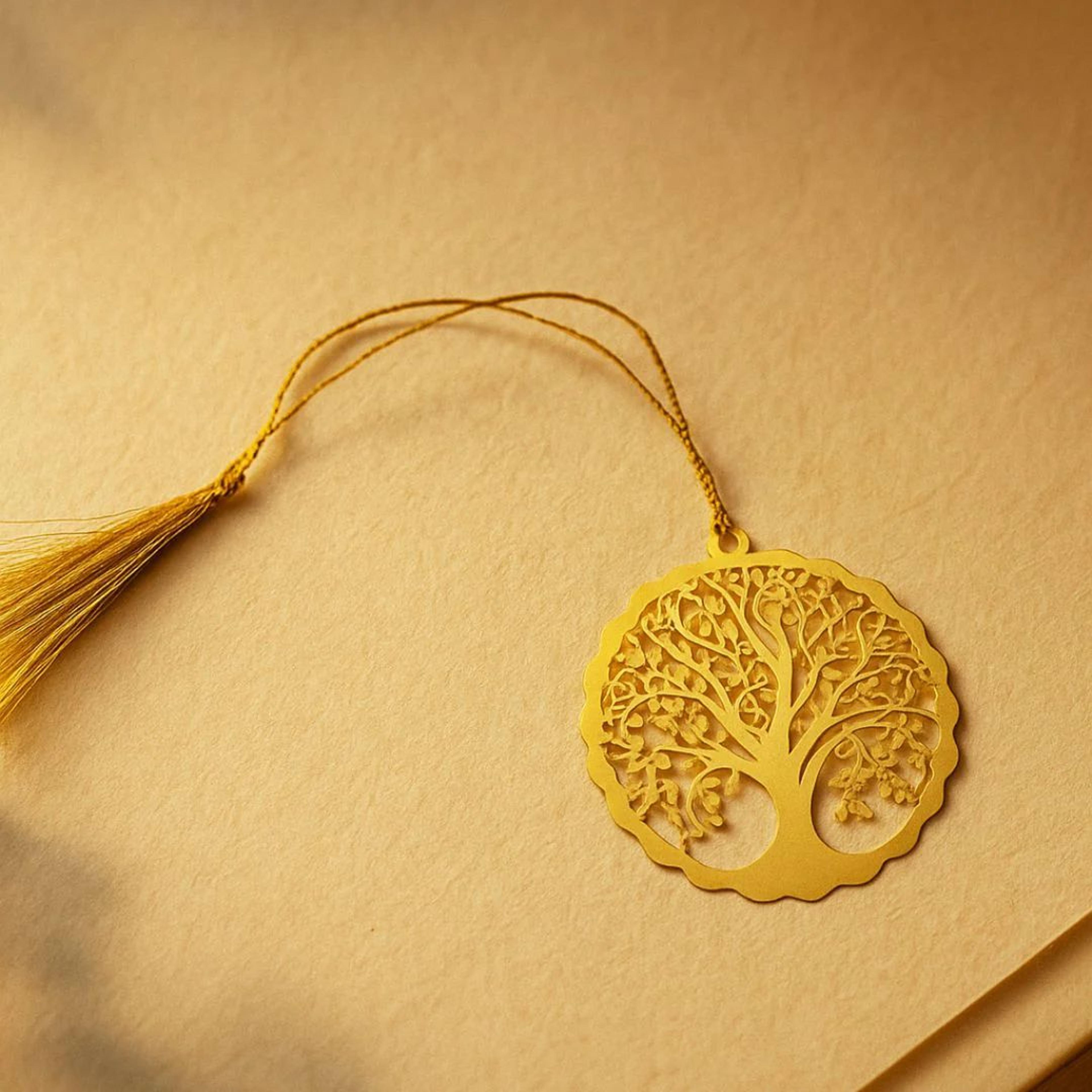Tree of Life Metal Bookmark with Golden Tassel – Elegant Metallic Reading Companion