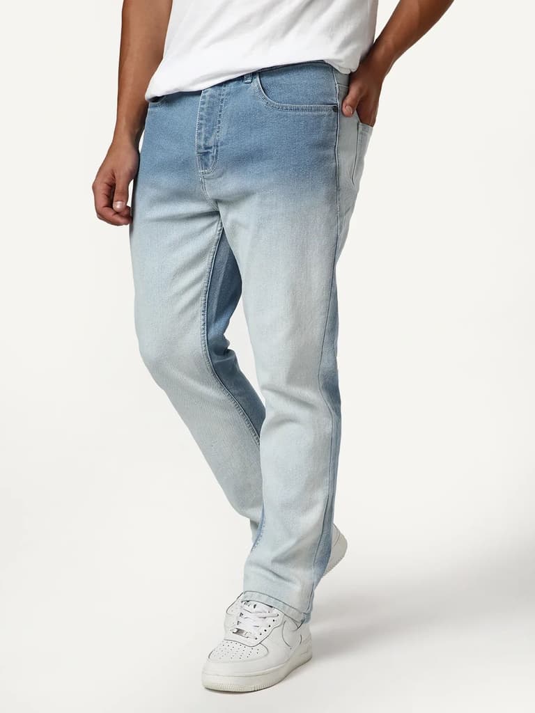 Men's Ice Blue Straight Fit Heavy Washed Faded Denim Jeans Stretchable — photo 3
