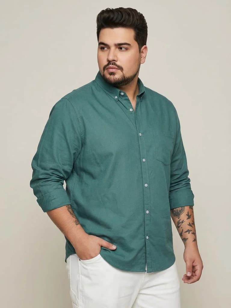 Plus Men's Teal Green Cotton Full Sleeve Regular Fit Solid Oxford Shirt With Button-Down Collar — photo 2