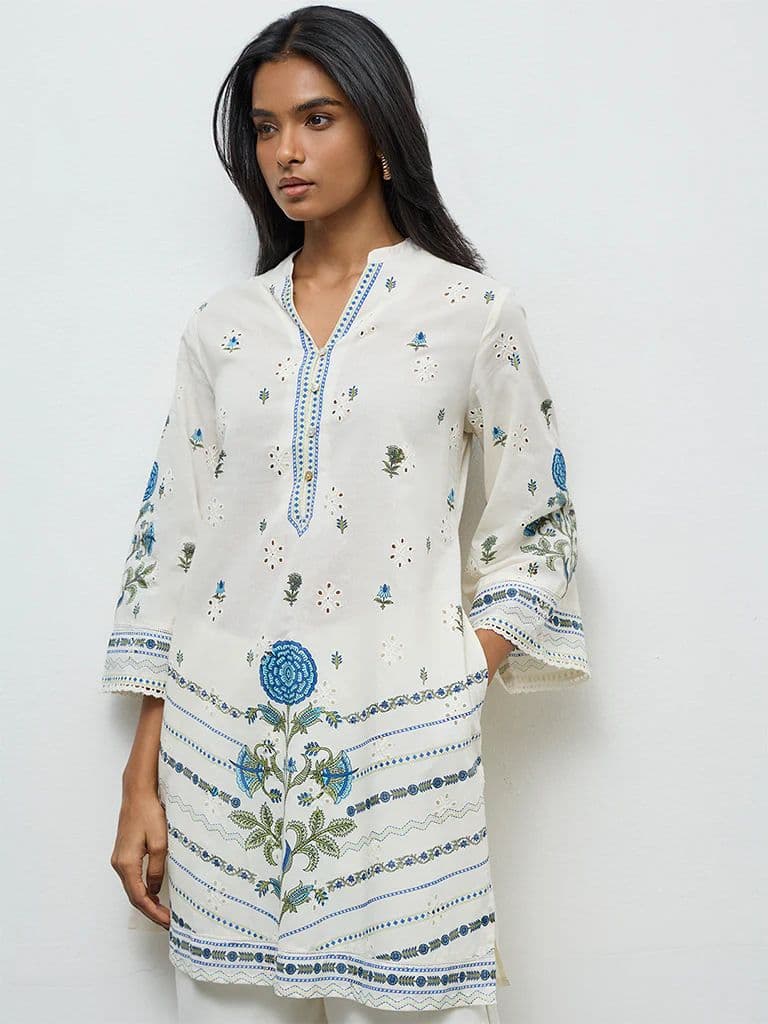 Utsa Off-White Floral Printed Cotton Kurti — photo 2