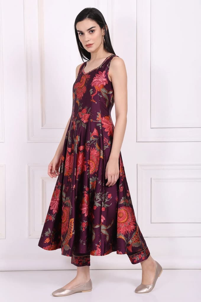 Purple Floral Printed Embellished Anarkali Satin Kurta with Straight Pant and Dupatta Set — photo 4