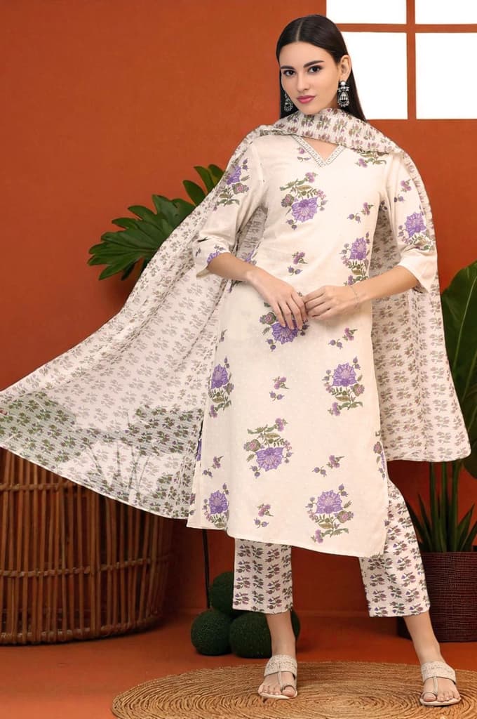White Floral Printed Pure Cotton Straight Kurta and Pants Co-ord Set with Dupatta — XS
