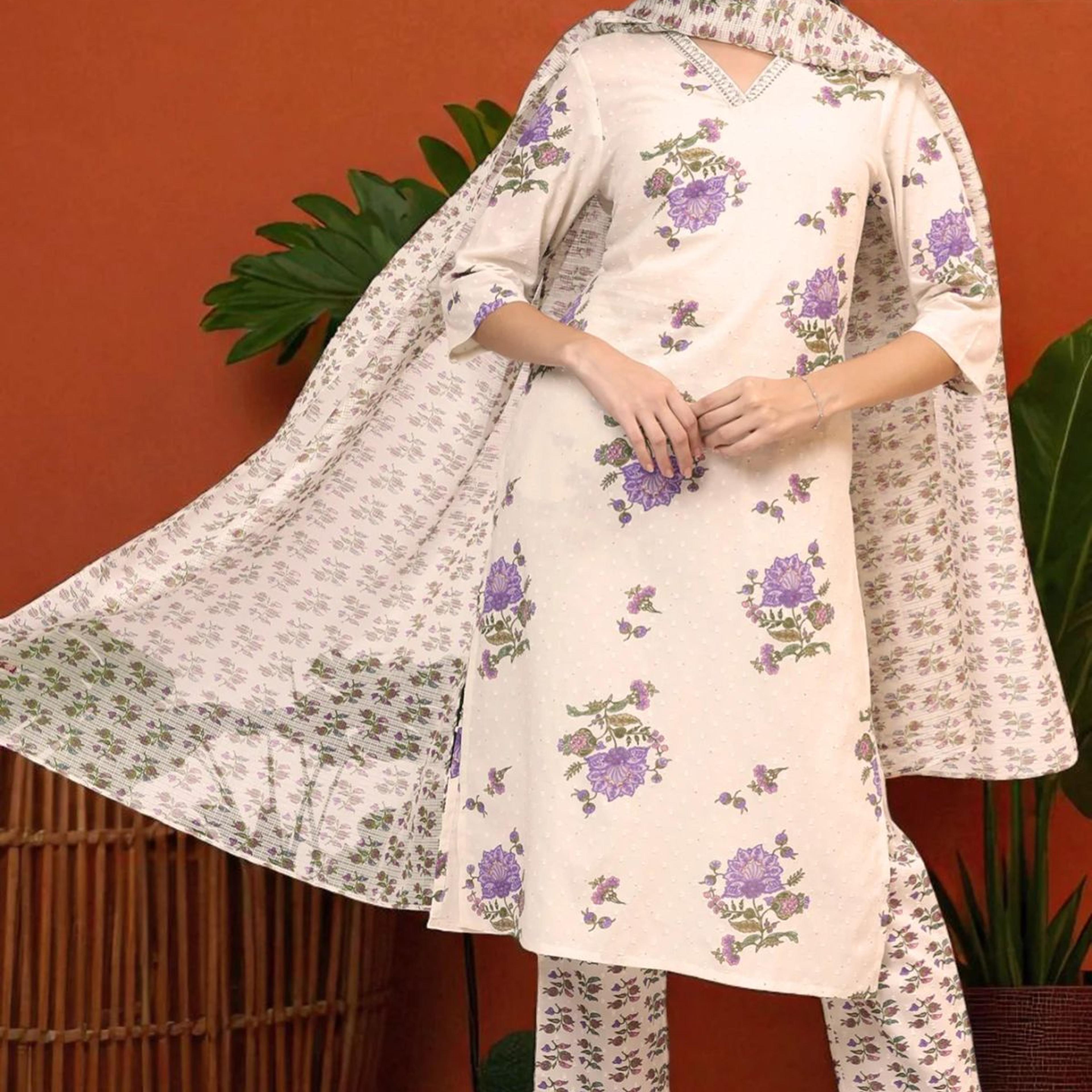 White Floral Printed Pure Cotton Straight Kurta and Pants Co-ord Set with Dupatta