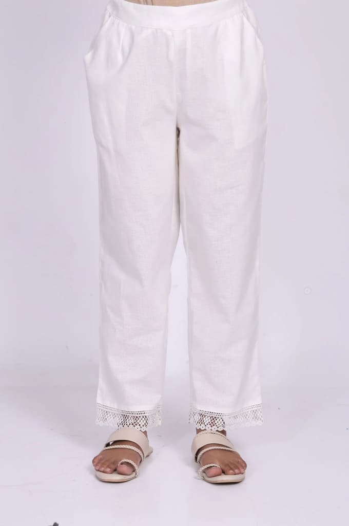 White Solid Lace Cotton Flax Straight Pant — photo 5
